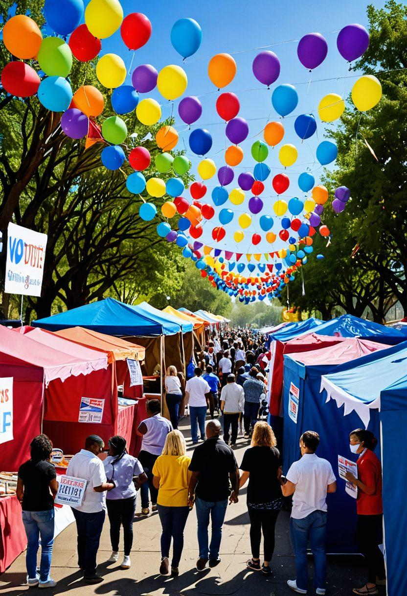 A diverse group of people joyfully engaging in a bustling outdoor election fair, with vibrant banners and booths promoting voting rights. Balloons of various colors float above, and attendees are seen smiling, holding ‘I Voted’ stickers and pamphlets. A backdrop of a bright blue sky emphasizes a sense of hope and community, while trees adorned with colorful ribbons create a festive atmosphere. cartoon style. bright colors. cheerful mood.