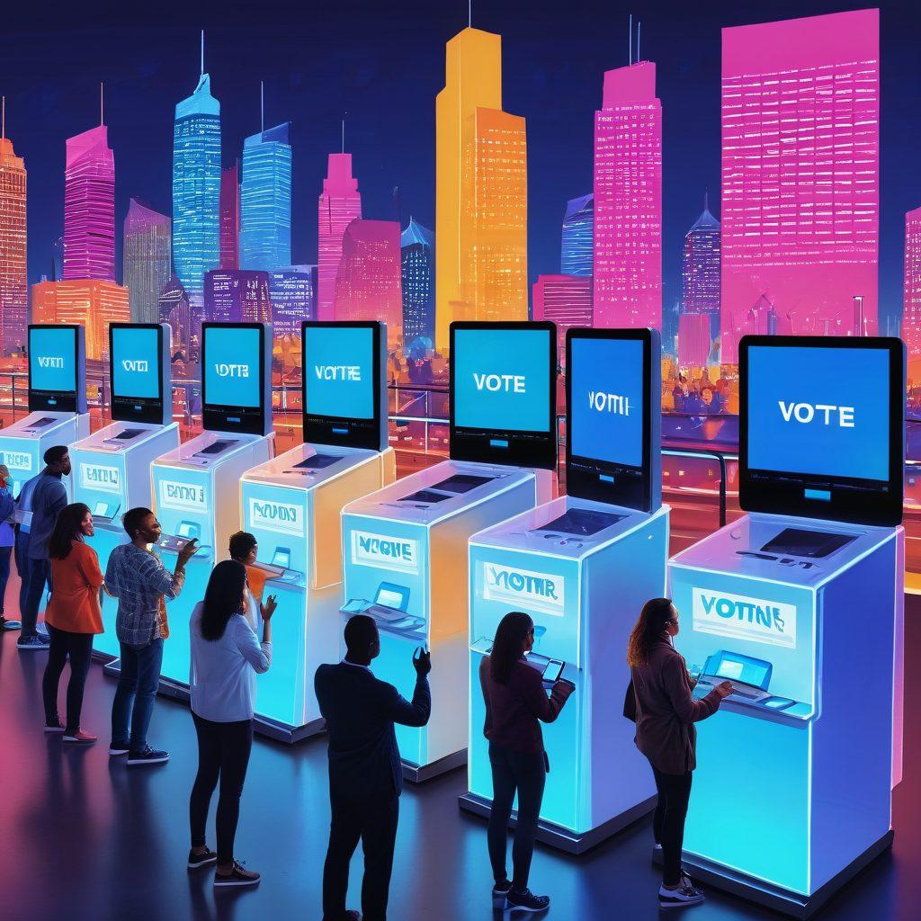 A vibrant digital illustration showcasing a diverse group of people joyfully engaging with e-voting technology, surrounded by colorful voting booths and screens displaying happy faces. Incorporate elements of a futuristic cityscape in the background, symbolizing progress and innovation in democracy. Emphasize a sense of community and satisfaction among voters, reflecting the essence of joyful polling. bright colors. 3D. vibrant colors.
