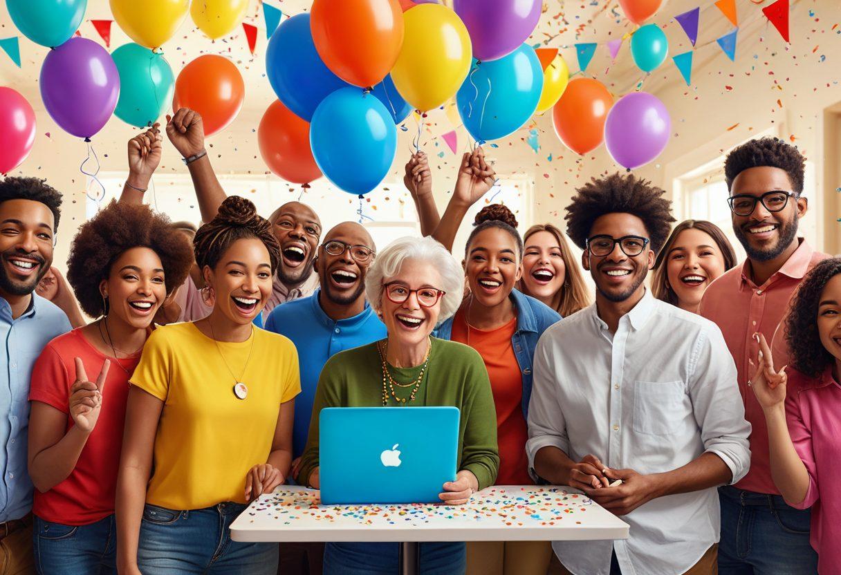 A cheerful group of diverse people happily engaging in e-voting at home, with colorful devices and screens displaying ballots, balloons and confetti in the background to convey celebration. Emphasize inclusivity with a variety of ages and ethnicities. Bright, lively colors are essential to capture joyful participation. super-realistic. vibrant colors. digital art.